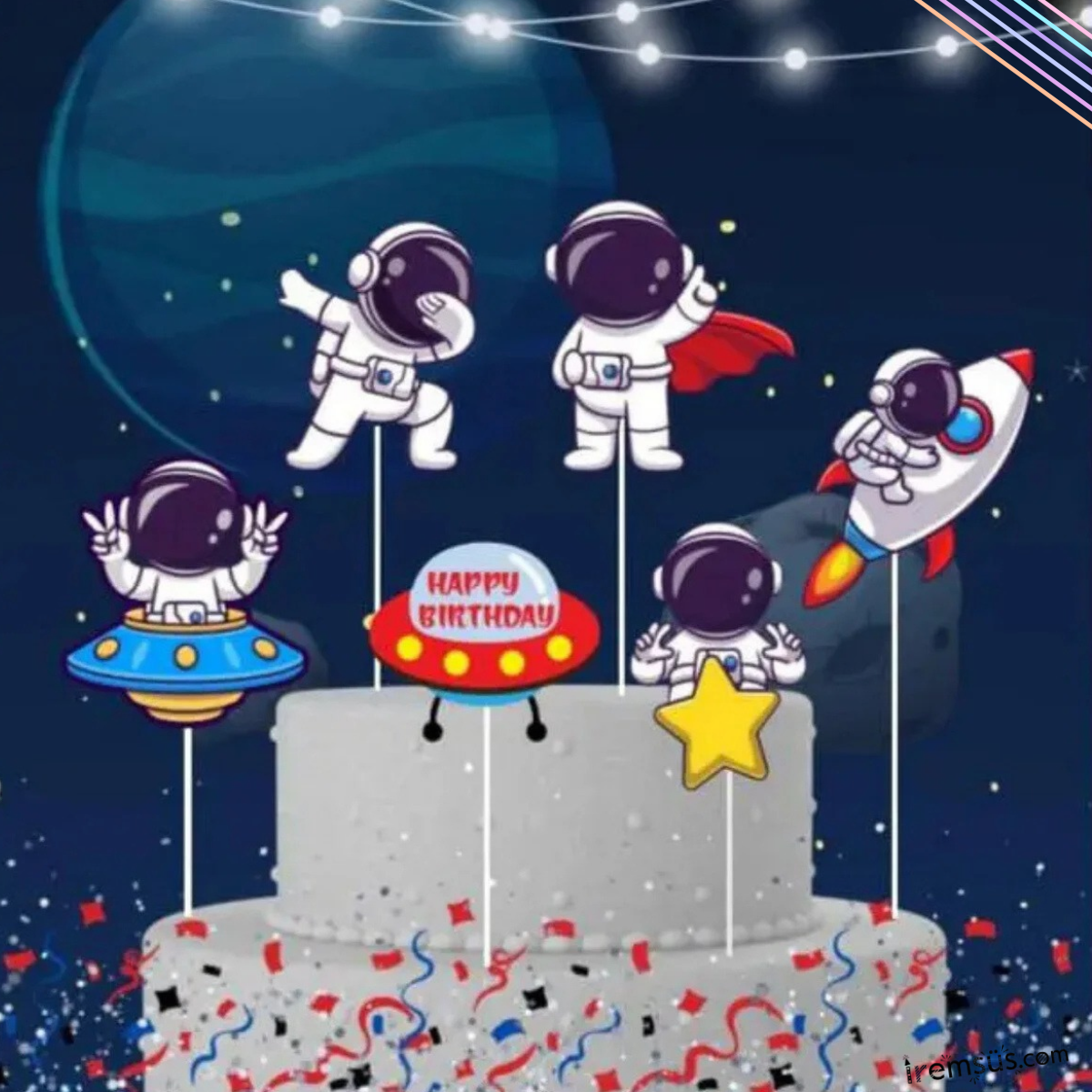 Uzay Konsept Pasta Cupcake Büyük Boy Süsleme Kürdanı 6 Adet Uzay Tema Parti Süsü