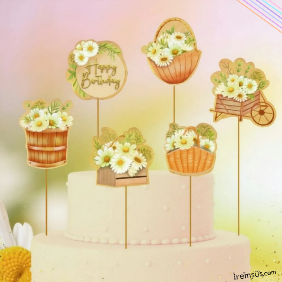 Papatya Konsept Pasta Cupcake Büyük Boy Süsleme Kürdanı 6 Adet Papatya Tema Parti Süsü