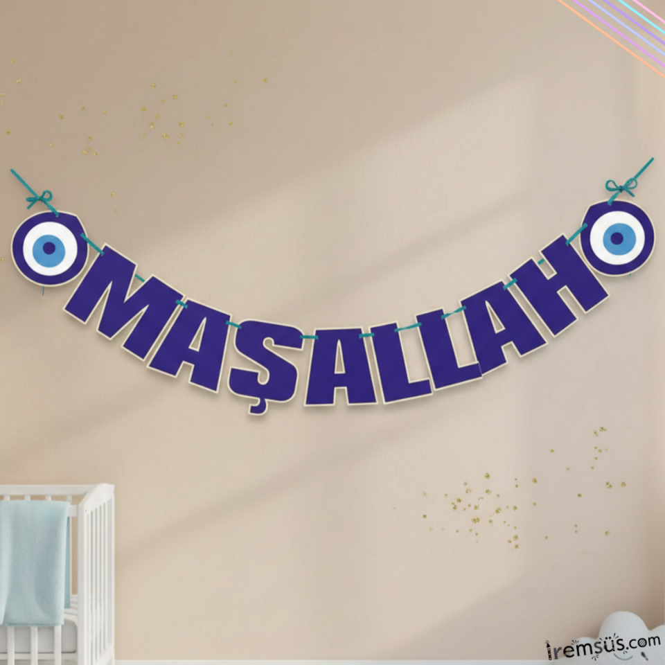 Maşallah Yazılı Özel Kesim Sünnet Süsleme Yazısı Nazar Boncuklu 180 Cm Sünnet Düğünü Ve Oda Süsleme