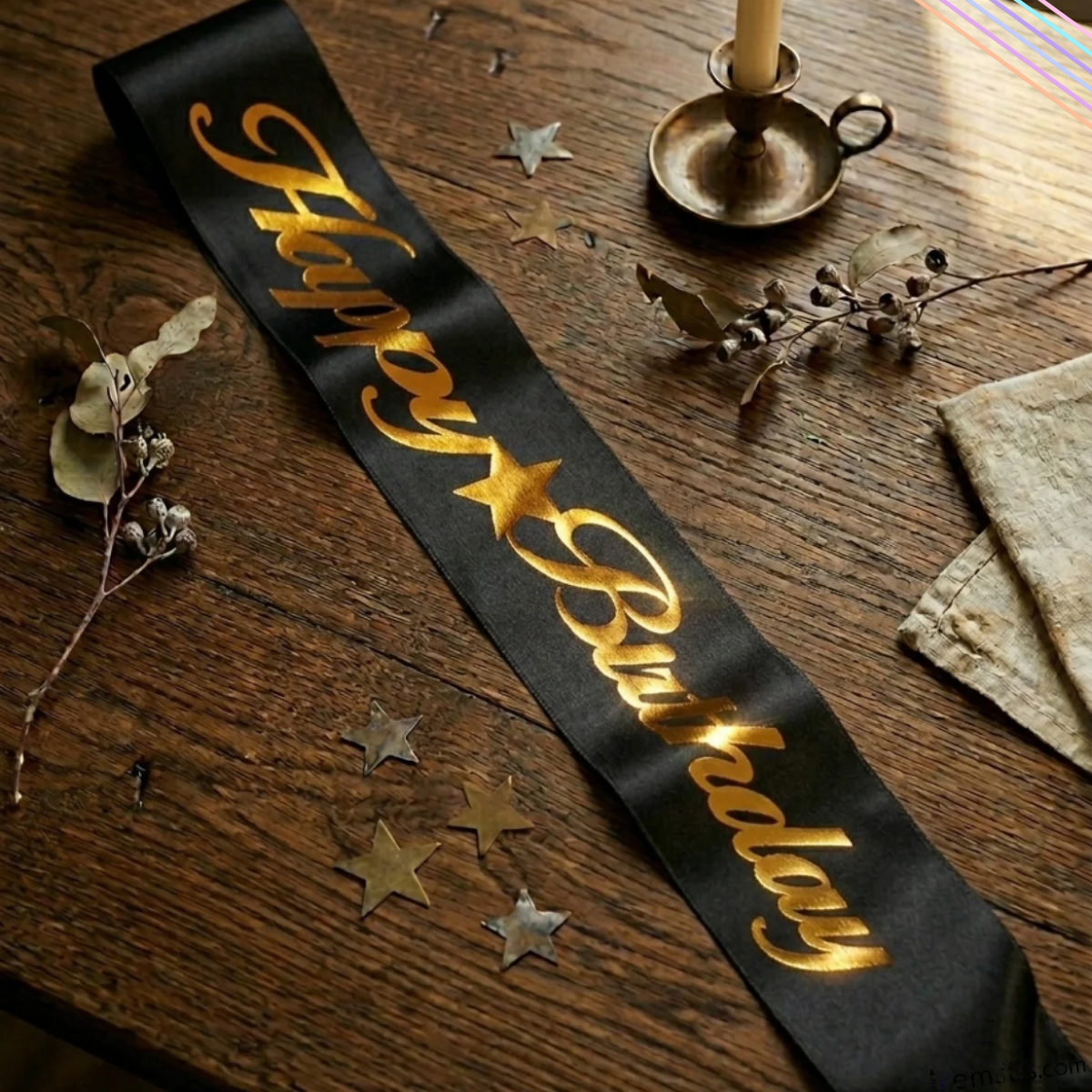 Happy Birthday Yazılı Gold Yaldızlı Siyah Kuşak 150 Cm Doğum Günü Kuşağı Süslemesi