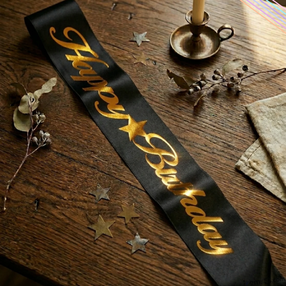 Happy Birthday Yazılı Gold Yaldızlı Siyah Kuşak 150 Cm Doğum Günü Kuşağı Süslemesi
