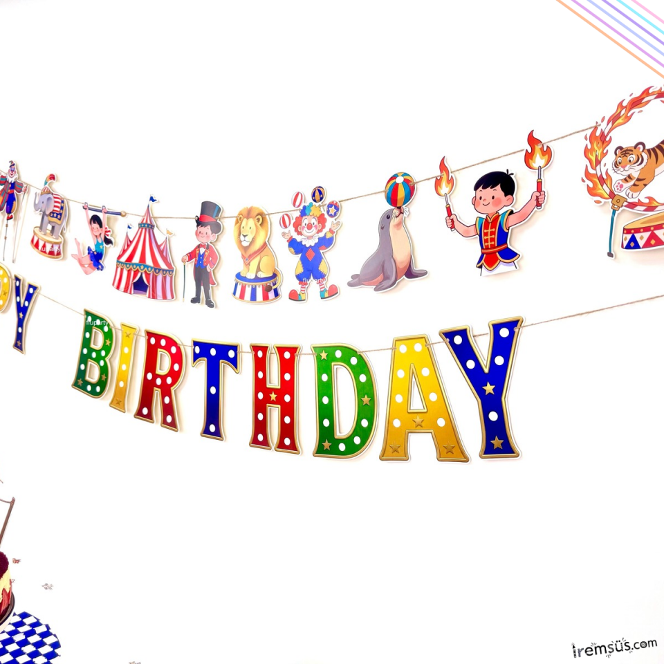 Sirk Tema Doğum Günü Partisi Happy Birthday Banner + Dekoratif Banner Sirk Konsept Süs