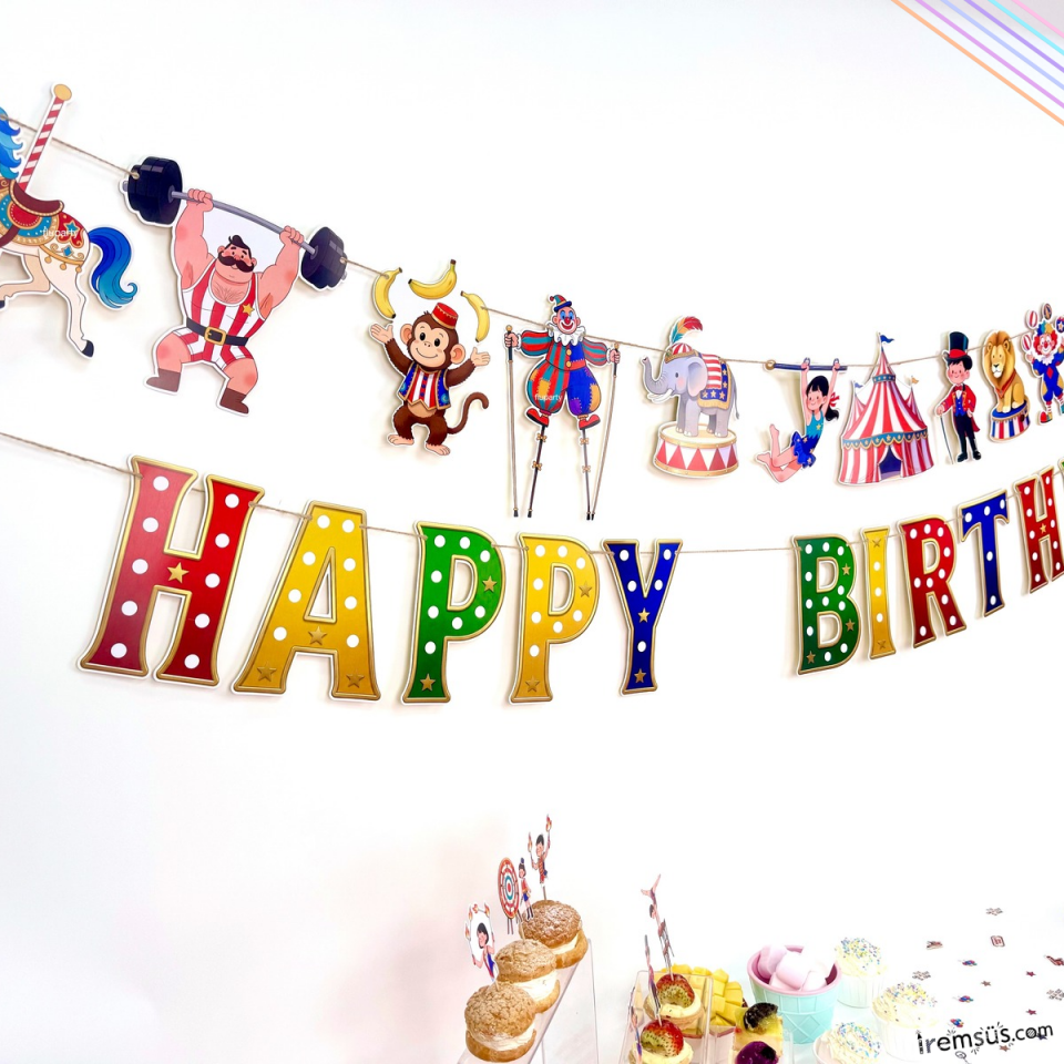 Sirk Tema Doğum Günü Partisi Happy Birthday Banner + Dekoratif Banner Sirk Konsept Süs