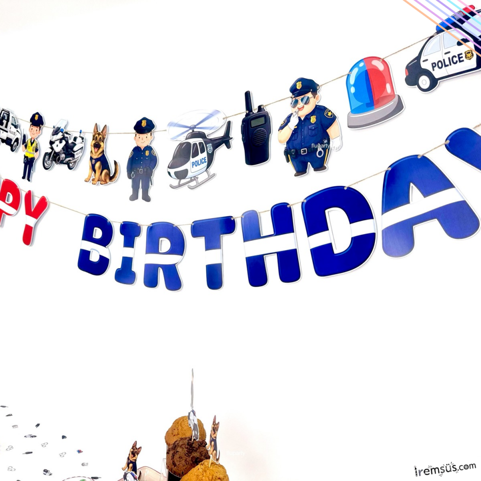 Polis Tema Doğum Günü Partisi Happy Birthday Banner + Dekoratif Banner Police Konsept Süs