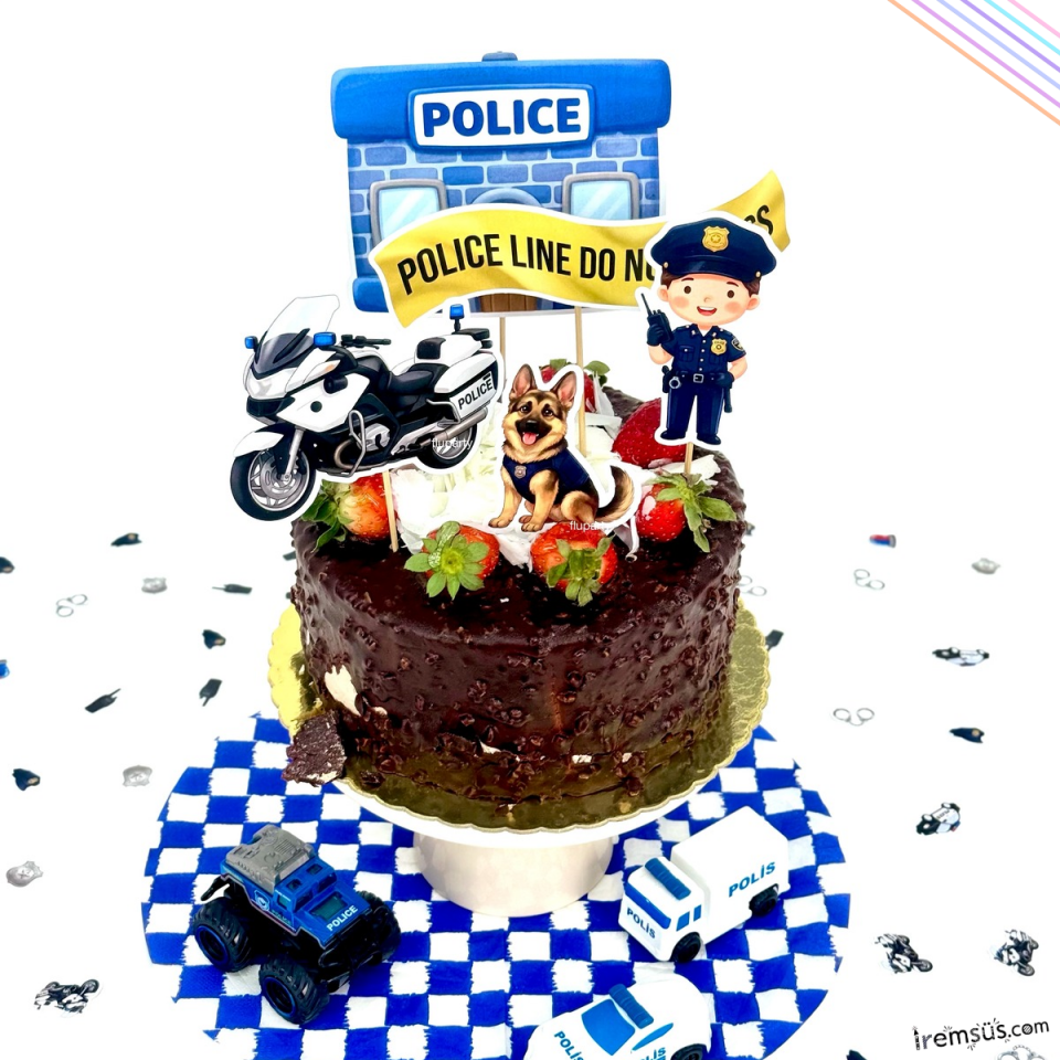 Polis Tema Doğum Günü Partisi Pasta Süsü 5 li Büyük Kürdan Police Konsept Süsleme