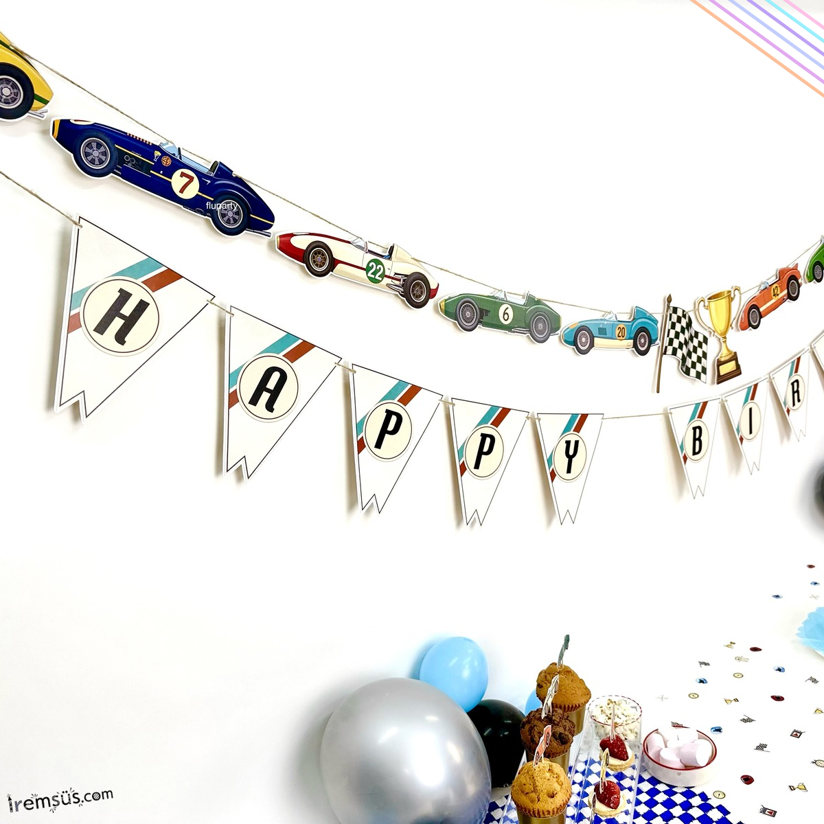 Retro Yarışcı Tema Doğum Günü Partisi Happy Birthday Banner + Dekoratif Banner Yarışcı Konsept Süs