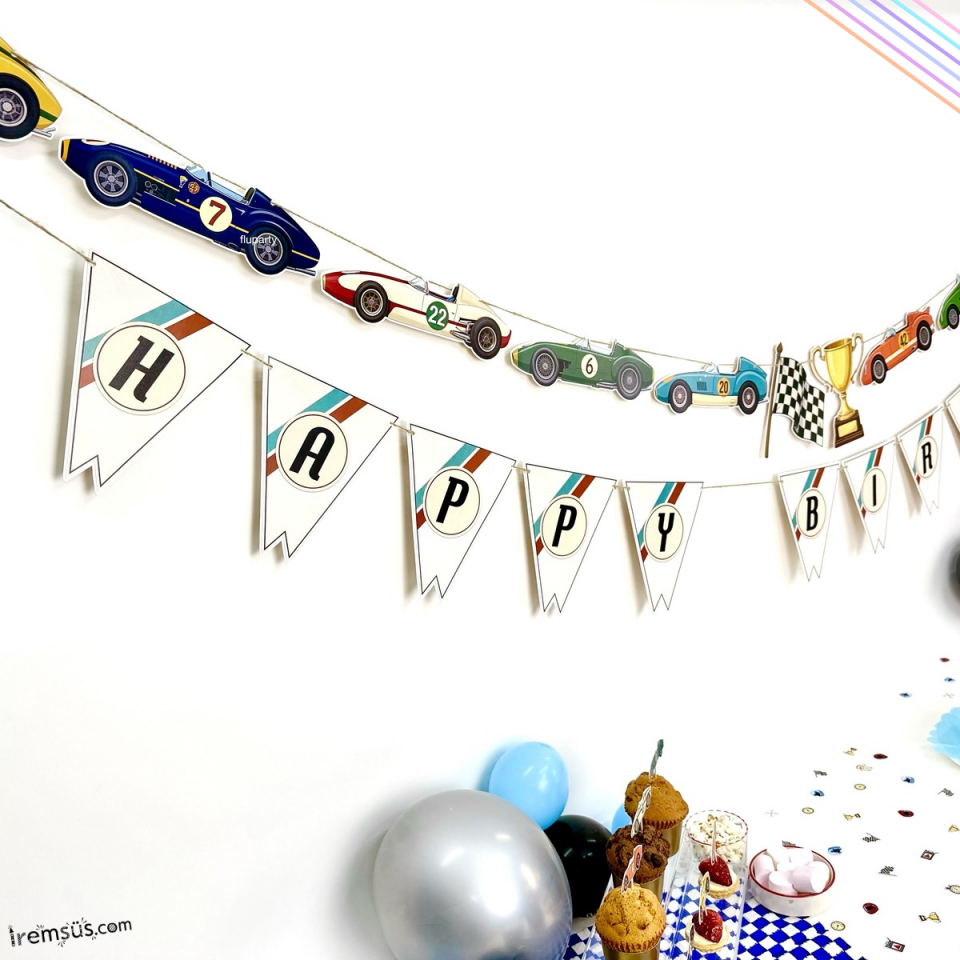 Retro Yarışcı Tema Doğum Günü Partisi Happy Birthday Banner + Dekoratif Banner Yarışcı Konsept Süs
