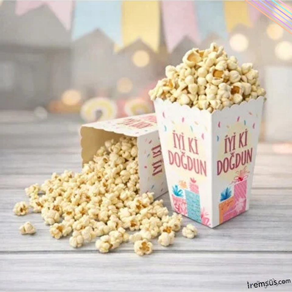 İyiki Doğdun Yazılı Konsept Renkli Mısır Kutusu Popcorn 8 li Makaron Tema Masa Üstü Süslemesi