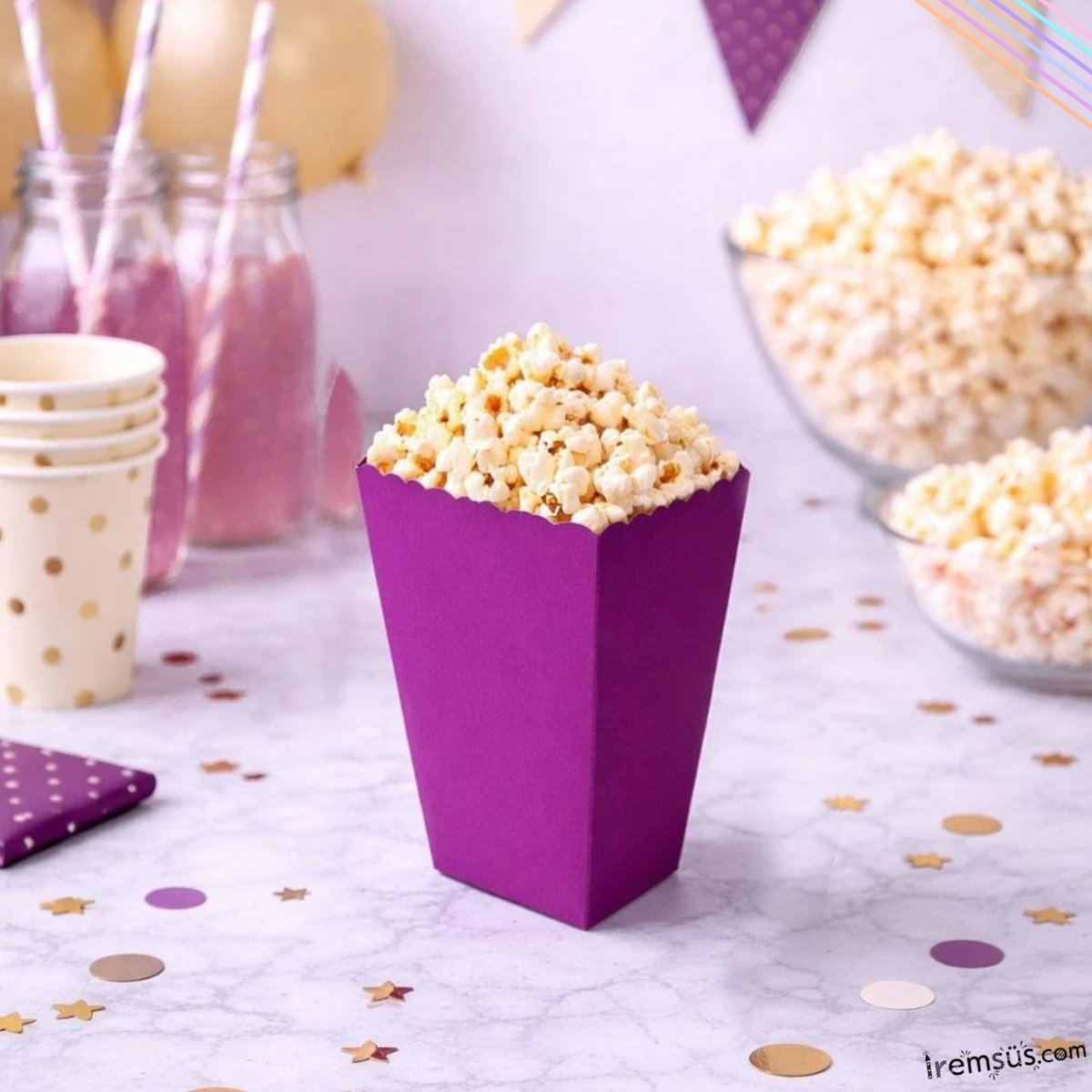 Mor Konsept Renkli Mısır Kutusu Popcorn 8 li Mor Tema Masa Üstü Süslemesi