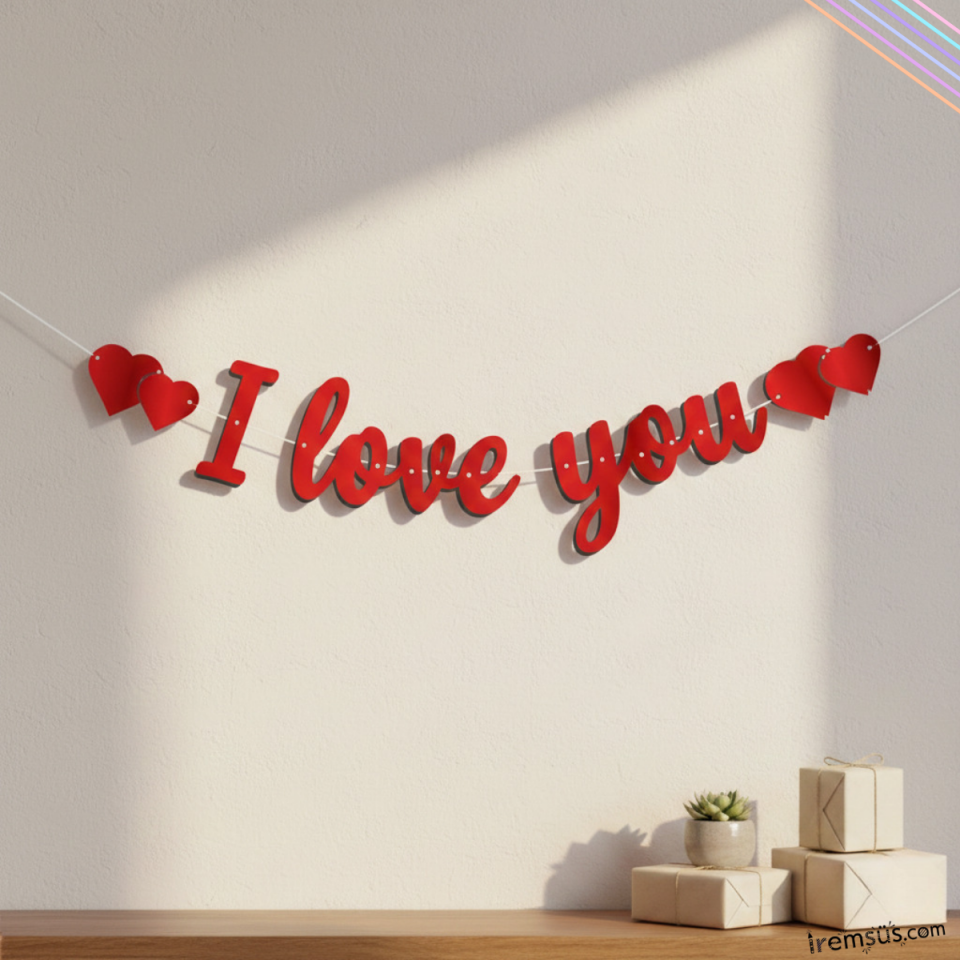 I love You Yazılı Kaligrafi Banner Yazısı Kırmızı Renk Sevgili Sürprizi 145 cm