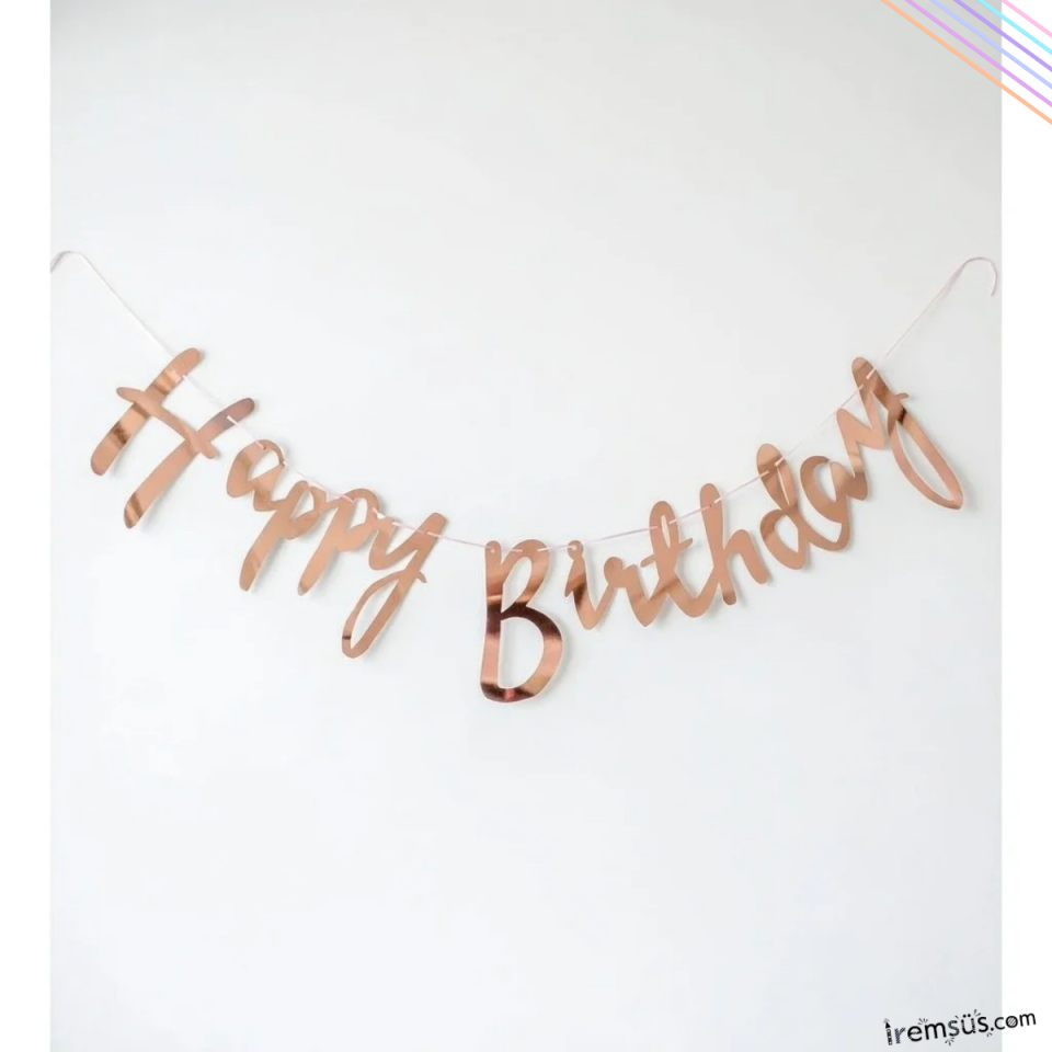 Happy Birthday Yazılı Kaligrafi Banner Yazısı Rose Gold Renk Doğum Günü Partisi 110 cm
