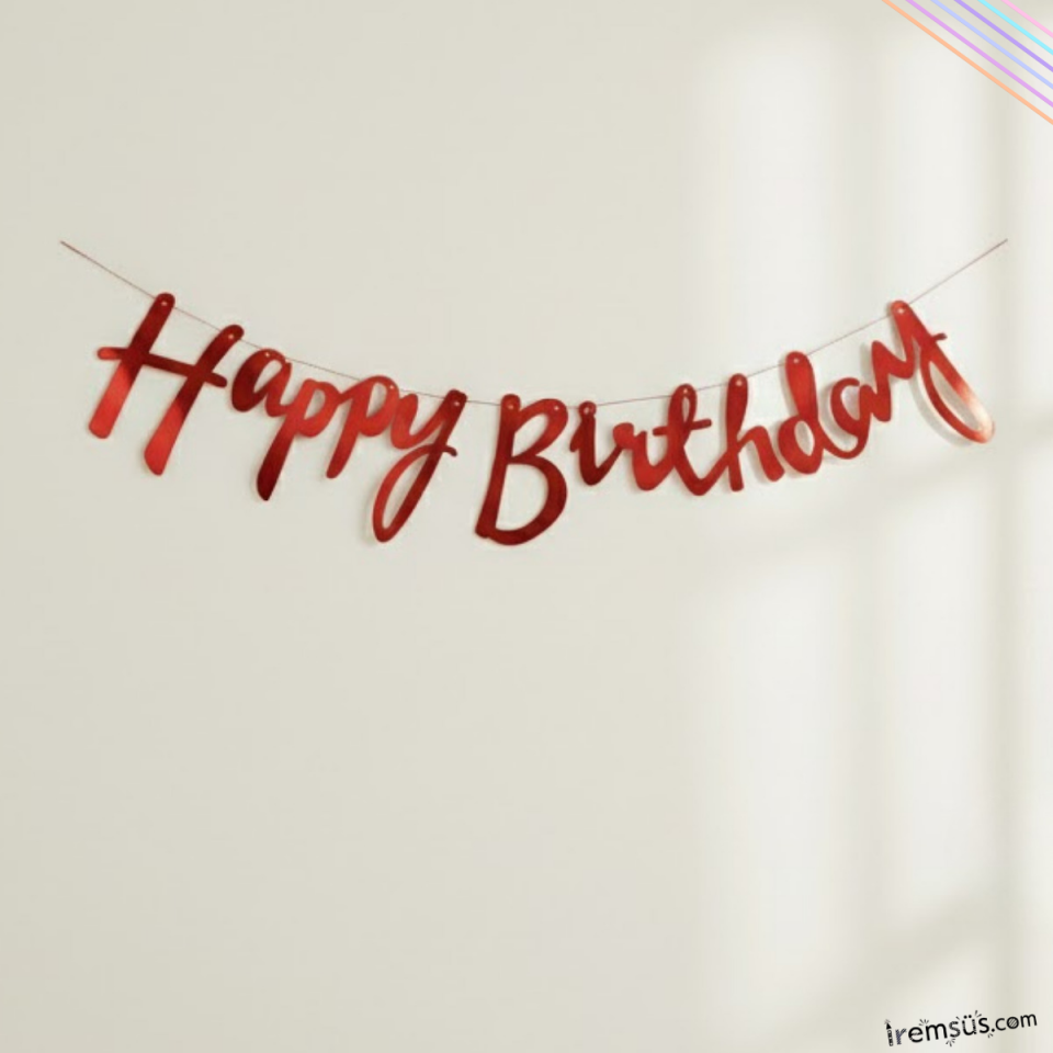 Happy Birthday Yazılı Kaligrafi Banner Yazısı Kırmızı Renk Doğum Günü Partisi 110 cm