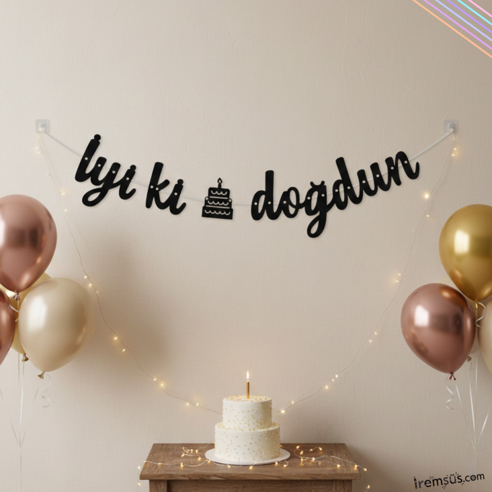 İyiki Doğdun Yazılı Kaligrafi Banner Yazısı Siyah Renk Doğum Günü Partisi 135 cm