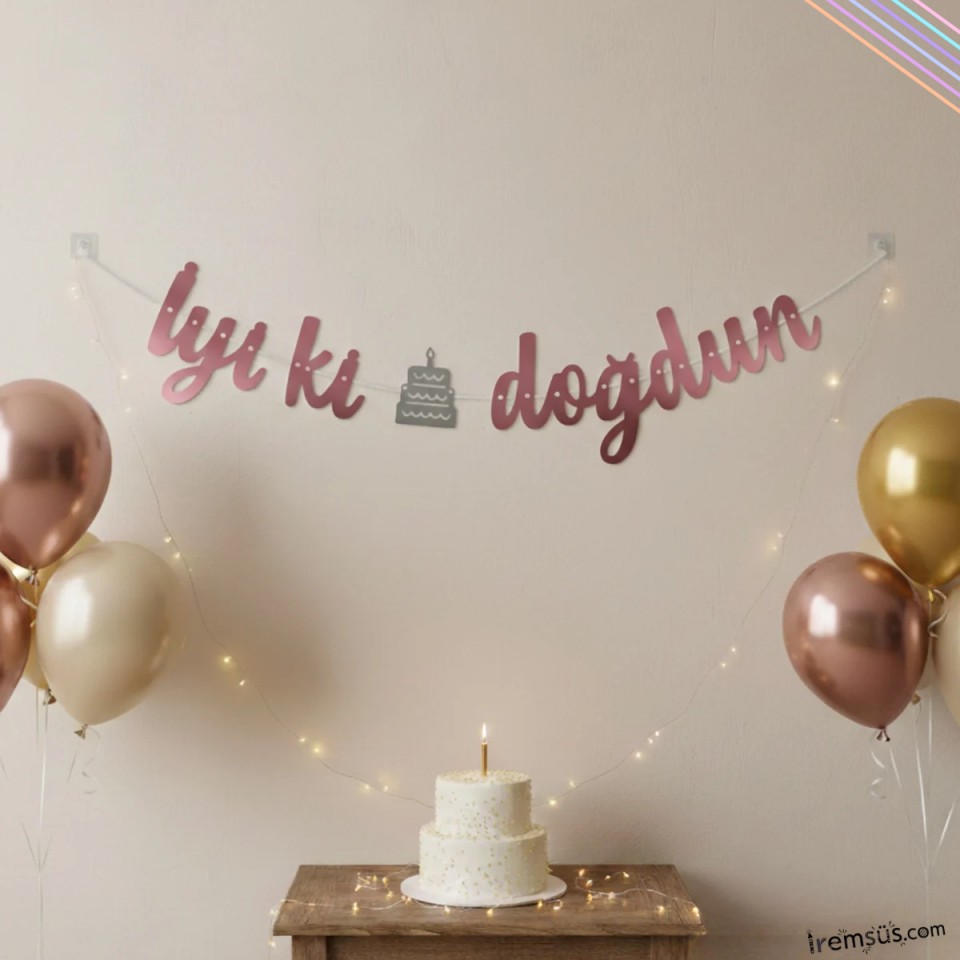 İyiki Doğdun Yazılı Kaligrafi Banner Yazısı Pembe Renk Dpğum Günü Partisi 135 cm