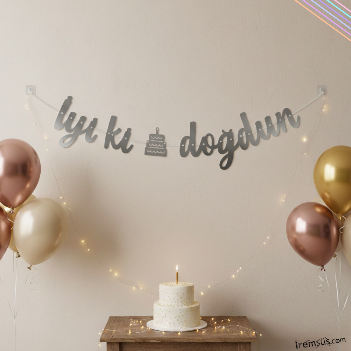 İyi ki Doğdun Yazılı Kaligrafi Banner Yazısı Gümüş Renk Doğum Günü 135 cm