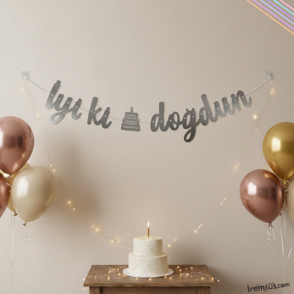 İyi ki Doğdun Yazılı Kaligrafi Banner Yazısı Gümüş Renk Doğum Günü 135 cm