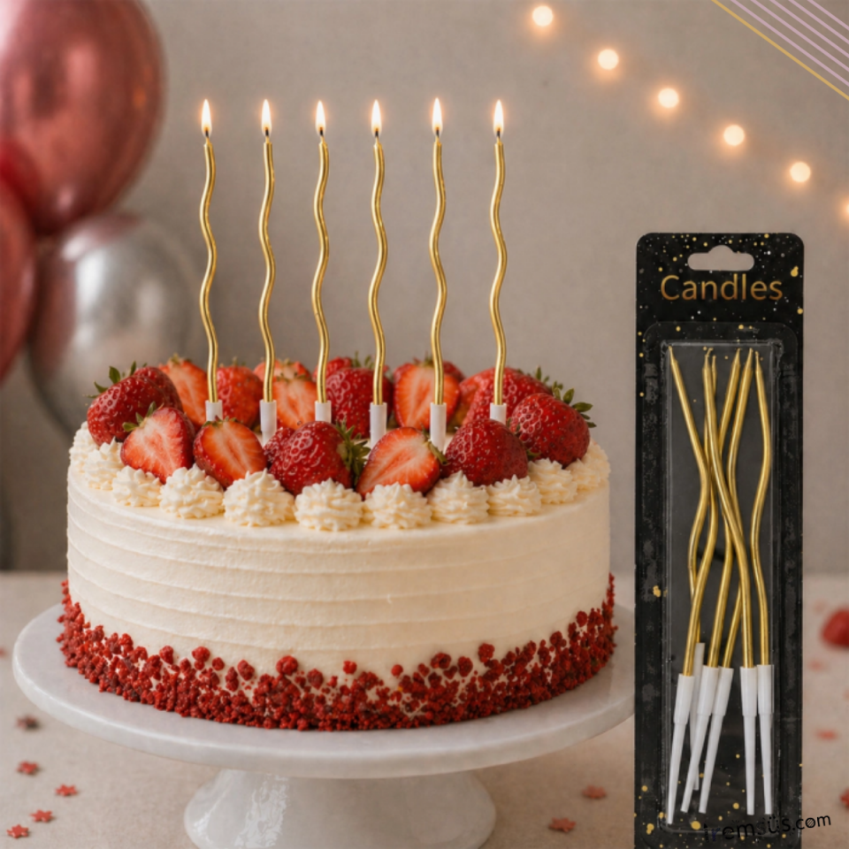Kıvrımlı Gold Renk Zikzak Pasta Mumu 6 lı 12cm