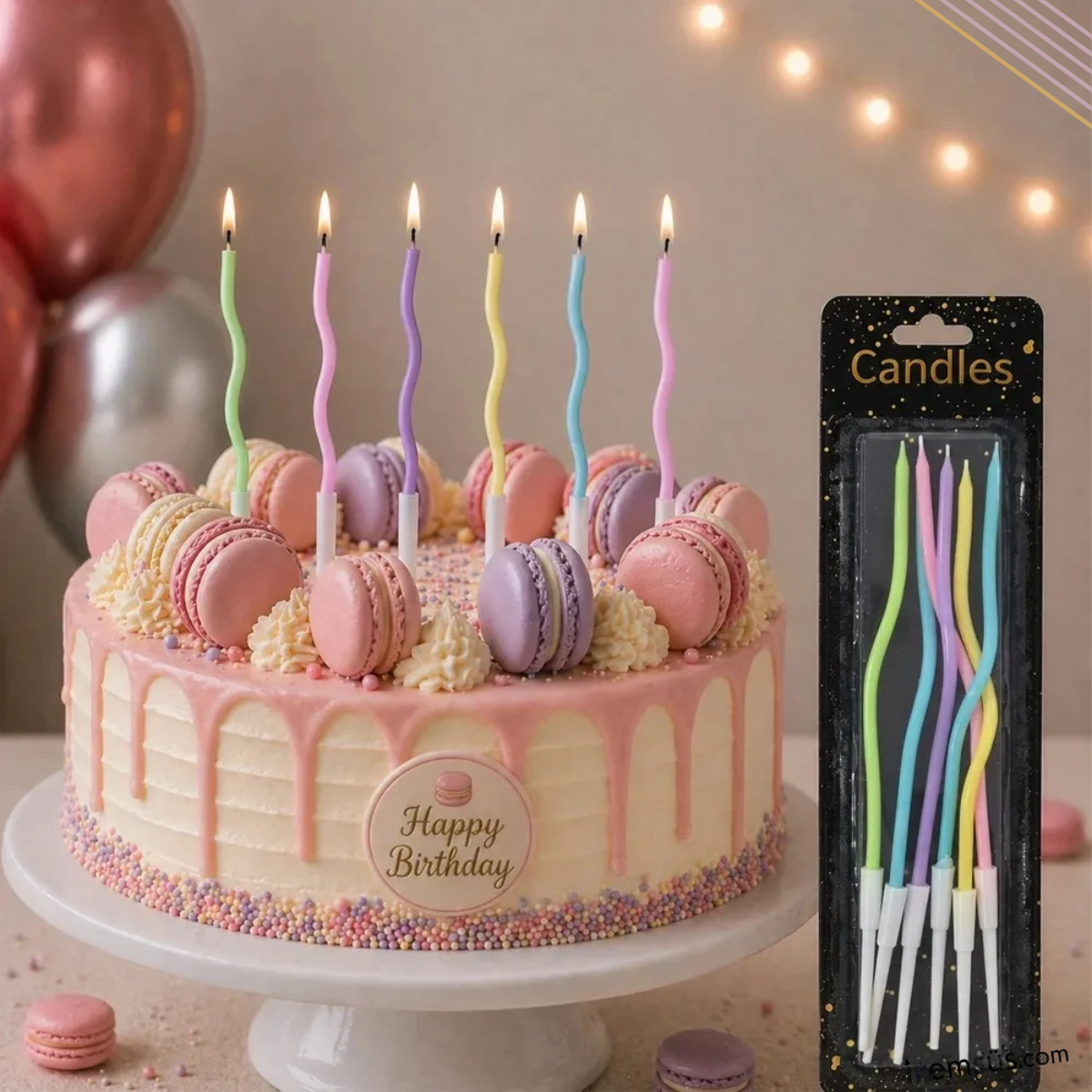 Kıvrımlı Makaron Renk Zikzak Pasta Mumu 6 lı 12cm