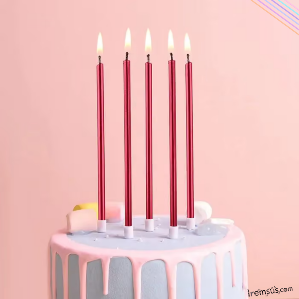 Kırmızı Renk Konsept İnce Uzun Dekoratif Pasta Mumu 18 Cm 6lı Romantik Pasta Mumu