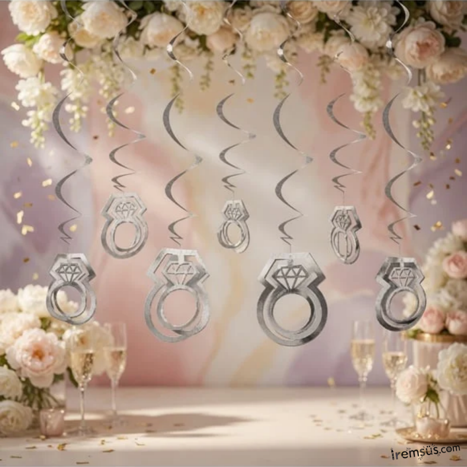 3D Görünümlü Tavandan Sarkıt Gümüş Renk Yüzük Şeklinde Süs 11li Bride To Be Evlilik Süslemesi