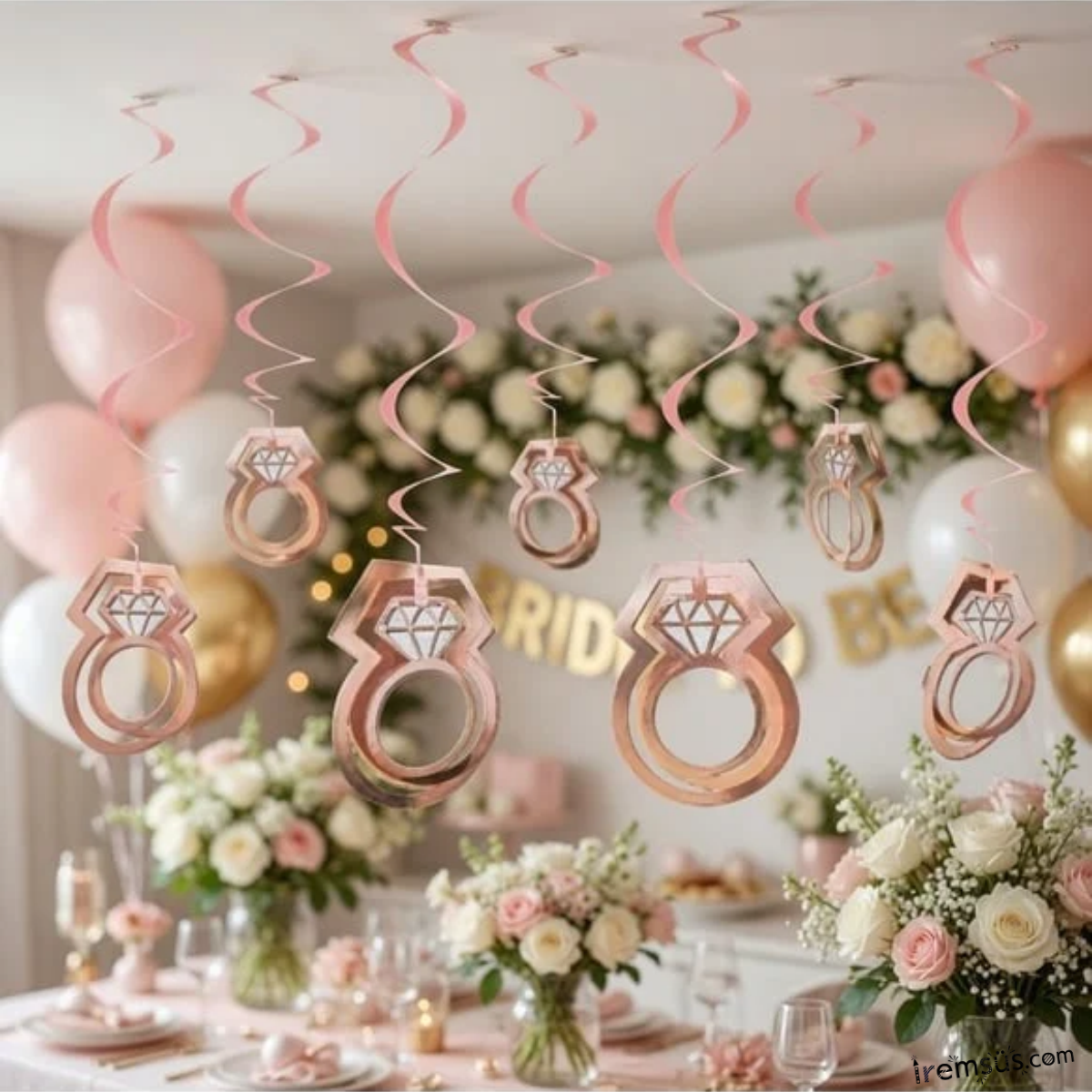 3D Görünümlü Tavandan Sarkıt Rose Gold Renk Yüzük Şeklinde Süs 11li Bride To Be Evlilik Süslemesi