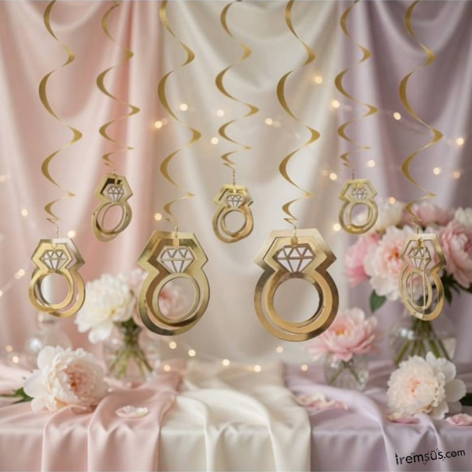 3D Görünümlü Tavandan Sarkıt Gold Renk Yüzük Şeklinde Süs 11li Bride To Be Evlilik Süslemesi
