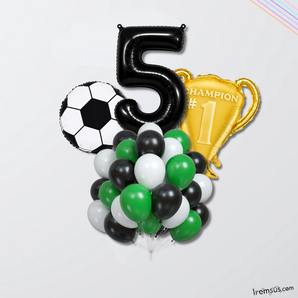5 Yaş Doğum Günü Partisi Şampiyon Konsept Folyo Helyum Balon Süsleme Seti Futbol Konsept Balonları