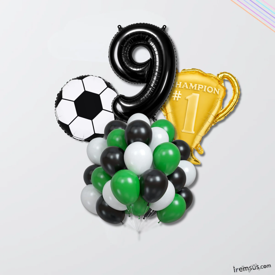 9 Yaş Doğum Günü Partisi Şampiyon Konsept Folyo Helyum Balon Süsleme Seti Futbol Konsept Balonları